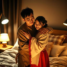 A heartfelt scene in a softly lit bedroom at night, showcasing a poor young Chinese man in ragged clothes embracing his beautiful wife with tenderness and love