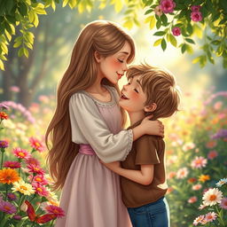 A beautiful tall girl gently kissing a shorter boy in a romantic pose, showcasing a sweet connection between them