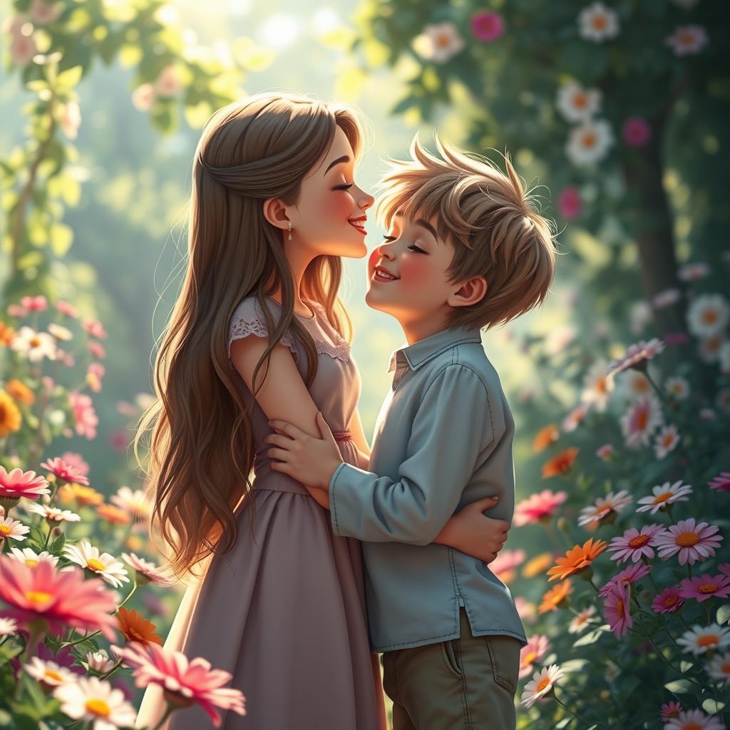 A beautiful tall girl gently kissing a shorter boy in a romantic pose, showcasing a sweet connection between them