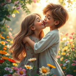 A beautiful tall girl gently kissing a shorter boy in a romantic pose, showcasing a sweet connection between them