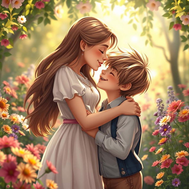 A beautiful tall girl gently kissing a shorter boy in a romantic pose, showcasing a sweet connection between them