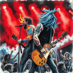 A captivating drawing of a rock singer and guitarist performing on stage, infused with an atmosphere of danger and excitement