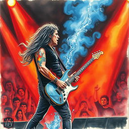 A captivating drawing of a rock singer and guitarist performing on stage, infused with an atmosphere of danger and excitement