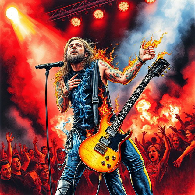 A captivating drawing of a rock singer and guitarist performing on stage, infused with an atmosphere of danger and excitement