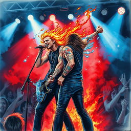 A captivating drawing of a rock singer and guitarist performing on stage, infused with an atmosphere of danger and excitement