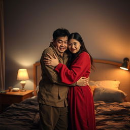 A touching scene in a cozy bedroom at night, featuring a poor young Chinese man in ragged clothes warmly hugging his beautiful wife
