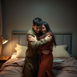 A touching scene in a cozy bedroom at night, featuring a poor young Chinese man in ragged clothes warmly hugging his beautiful wife