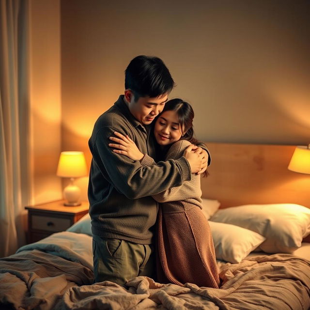 A touching scene in a cozy bedroom at night, featuring a poor young Chinese man in ragged clothes warmly hugging his beautiful wife