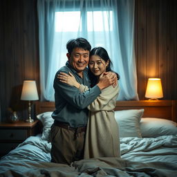 A touching scene in a cozy bedroom at night, featuring a poor young Chinese man in ragged clothes warmly hugging his beautiful wife