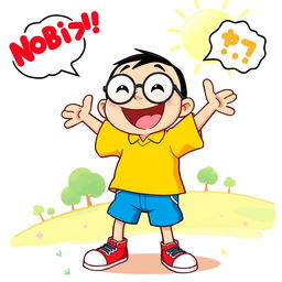 A vibrant and colorful illustration of Nobita, a popular cartoon character, standing in a playful pose