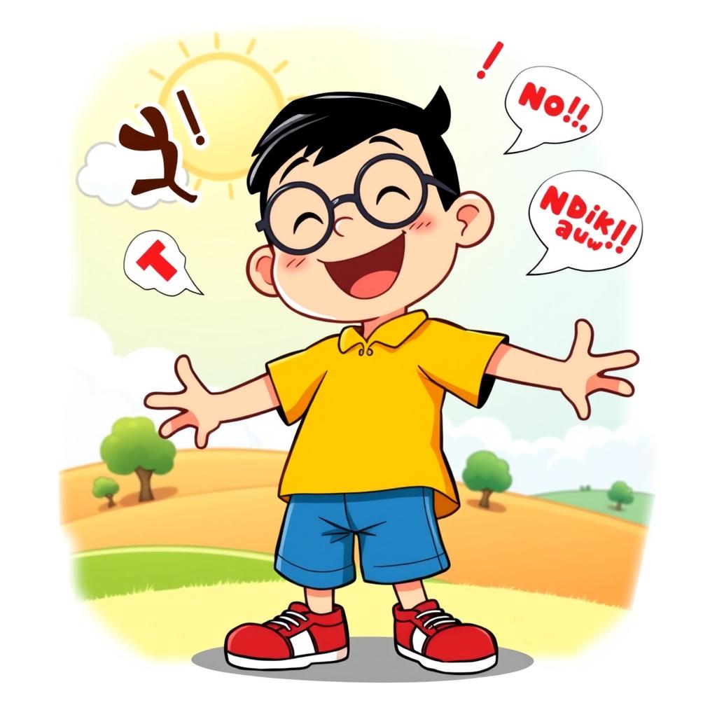 A vibrant and colorful illustration of Nobita, a popular cartoon character, standing in a playful pose