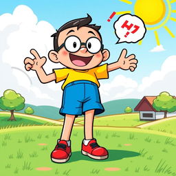 A vibrant and colorful illustration of Nobita, a popular cartoon character, standing in a playful pose