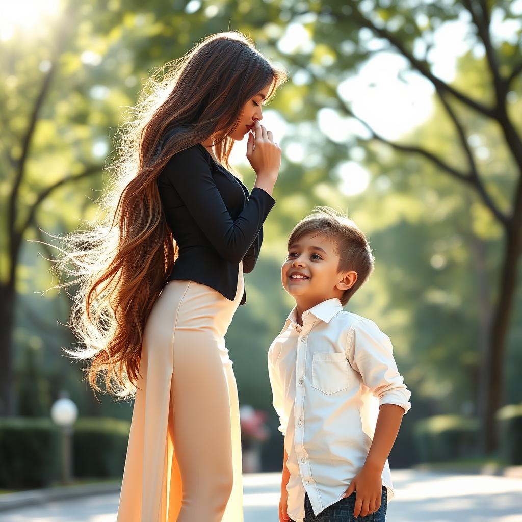 A stunningly tall girl with long flowing hair, dressed in a trendy and elegant outfit, gently kissing a short boy who has a charming smile