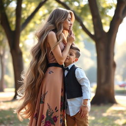 A stunningly tall girl with long flowing hair, dressed in a trendy and elegant outfit, gently kissing a short boy who has a charming smile