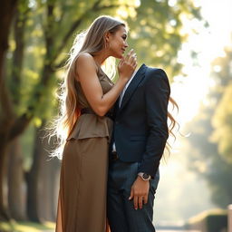 A stunningly tall girl with long flowing hair, dressed in a trendy and elegant outfit, gently kissing a short boy who has a charming smile