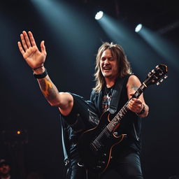 A rock singer and guitarist passionately performing on stage, illuminated by dramatic stage lights that create a sense of energy and intensity