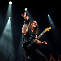 A rock singer and guitarist passionately performing on stage, illuminated by dramatic stage lights that create a sense of energy and intensity