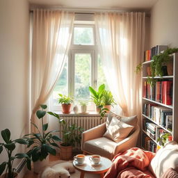A serene indoor space with a cozy and inviting atmosphere, featuring sheer curtains gently swaying by an open window, allowing dappled sunlight to filter through