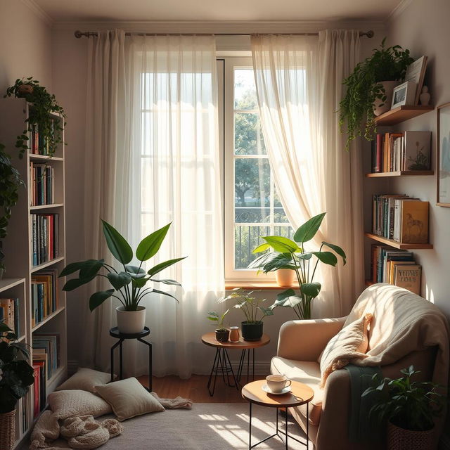 A serene indoor space with a cozy and inviting atmosphere, featuring sheer curtains gently swaying by an open window, allowing dappled sunlight to filter through