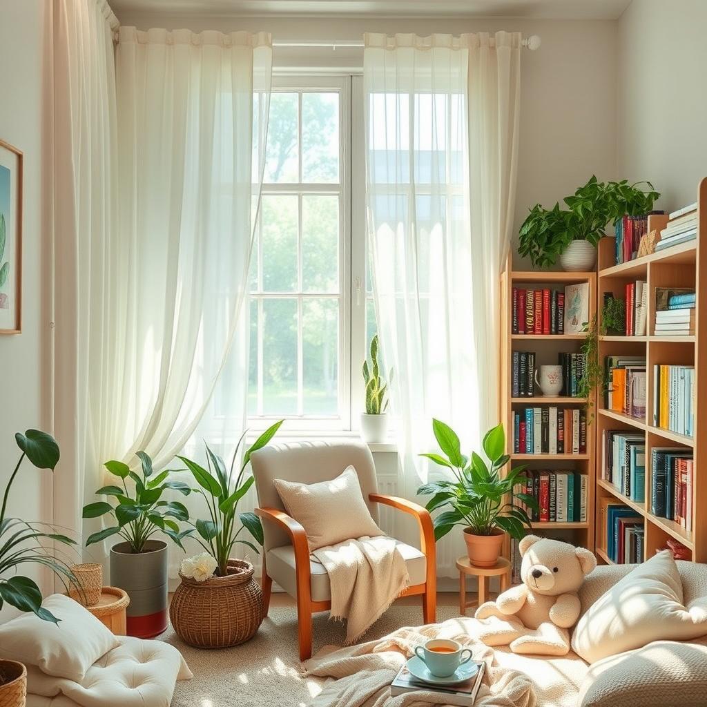 A serene indoor space with a cozy and inviting atmosphere, featuring sheer curtains gently swaying by an open window, allowing dappled sunlight to filter through