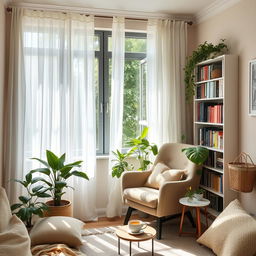 A serene indoor space with a cozy and inviting atmosphere, featuring sheer curtains gently swaying by an open window, allowing dappled sunlight to filter through
