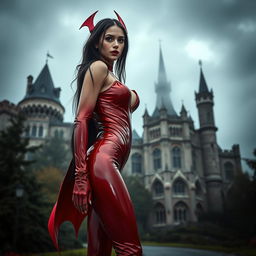 A sexy, thin full body view of a 21-year-old girl wearing a tight shiny red latex Vampirella costume, featuring big cleavage, standing confidently in front of Castle Bran in Romania