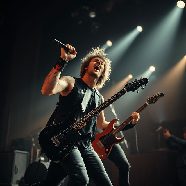 A dynamic scene of a rock singer and guitarist performing on stage