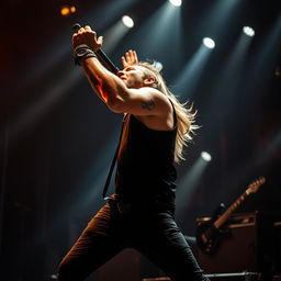 A dynamic scene of a rock singer and guitarist performing on stage