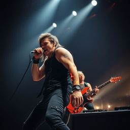 A dynamic scene of a rock singer and guitarist performing on stage