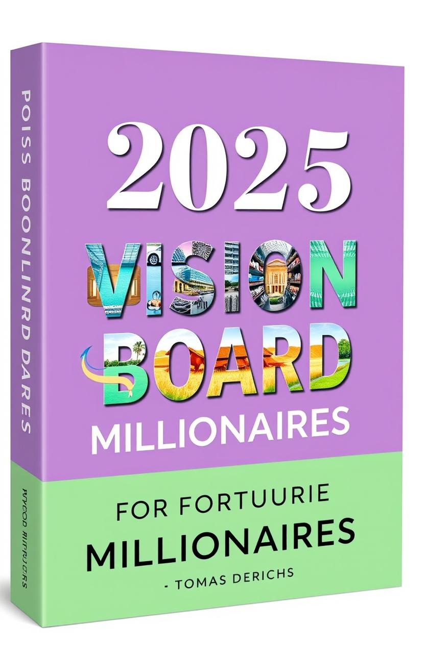 A book cover design for an Amazon Kindle title "2025 VISION BOARD CLIPART BOOK FOR FUTURE MILLIONAIRES" by author "TOMAS DERICHS"