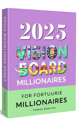 A book cover design for an Amazon Kindle title "2025 VISION BOARD CLIPART BOOK FOR FUTURE MILLIONAIRES" by author "TOMAS DERICHS"