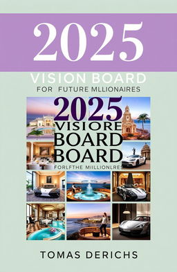A book cover design for an Amazon Kindle title "2025 VISION BOARD CLIPART BOOK FOR FUTURE MILLIONAIRES" by author "TOMAS DERICHS"