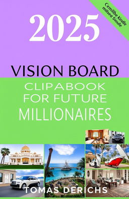 A book cover design for an Amazon Kindle title "2025 VISION BOARD CLIPART BOOK FOR FUTURE MILLIONAIRES" by author "TOMAS DERICHS"