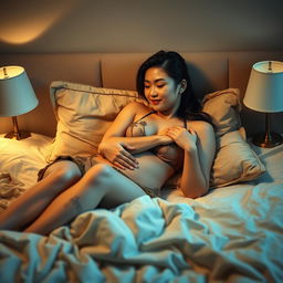 An intimate scene in a softly lit bedroom at night, where a poor young Chinese man in ragged clothes lies on the bed, gently hugging his beautiful and alluring wife