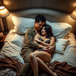 An intimate scene in a softly lit bedroom at night, where a poor young Chinese man in ragged clothes lies on the bed, gently hugging his beautiful and alluring wife