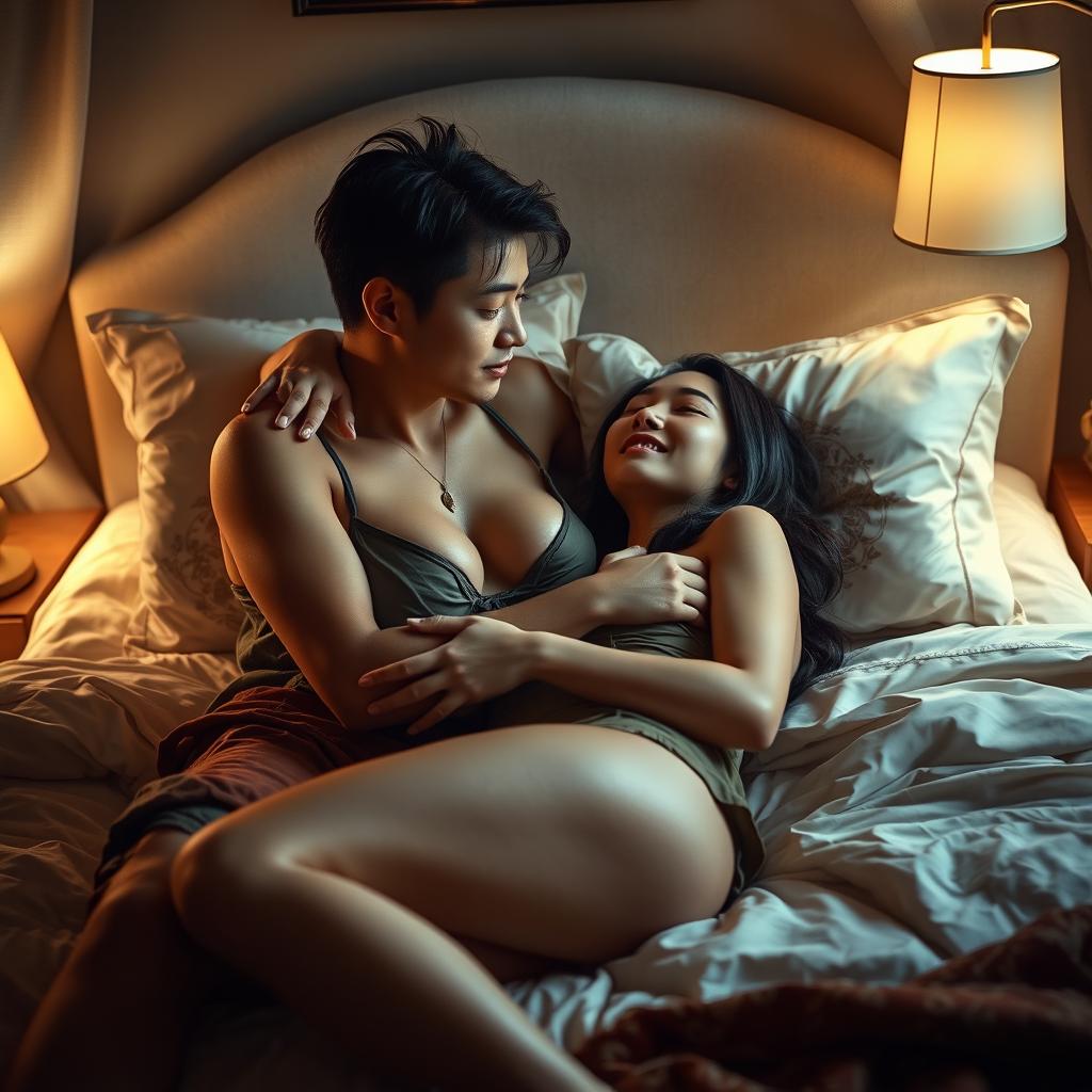 An intimate scene in a softly lit bedroom at night, where a poor young Chinese man in ragged clothes lies on the bed, gently hugging his beautiful and alluring wife