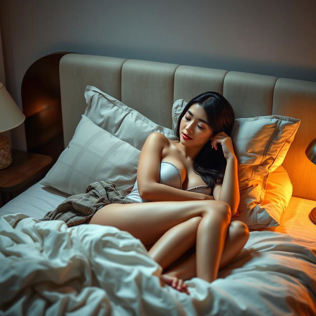 An intimate scene in a softly lit bedroom at night, where a poor young Chinese man in ragged clothes lies on the bed, gently hugging his beautiful and alluring wife
