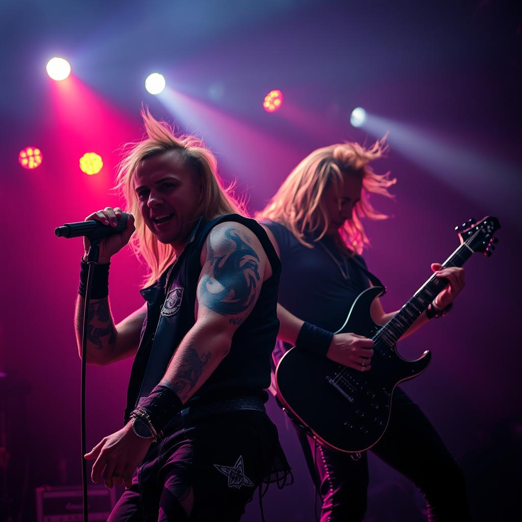 A captivating scene of a rock singer and guitarist performing on stage, showcasing a unique black fire tattoo prominently displayed on their arm