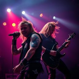 A captivating scene of a rock singer and guitarist performing on stage, showcasing a unique black fire tattoo prominently displayed on their arm