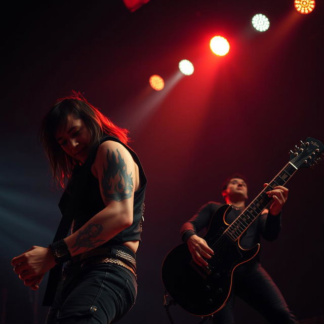 A captivating scene of a rock singer and guitarist performing on stage, showcasing a unique black fire tattoo prominently displayed on their arm