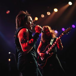 A captivating scene of a rock singer and guitarist performing on stage, showcasing a unique black fire tattoo prominently displayed on their arm