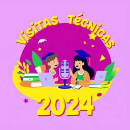 A vibrant and creative animated illustration designed to appeal to young audiences for a university podcast titled 'Visitas Técnicas 2024', showcasing their experiences