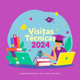 A vibrant and creative animated illustration designed to appeal to young audiences for a university podcast titled 'Visitas Técnicas 2024', showcasing their experiences