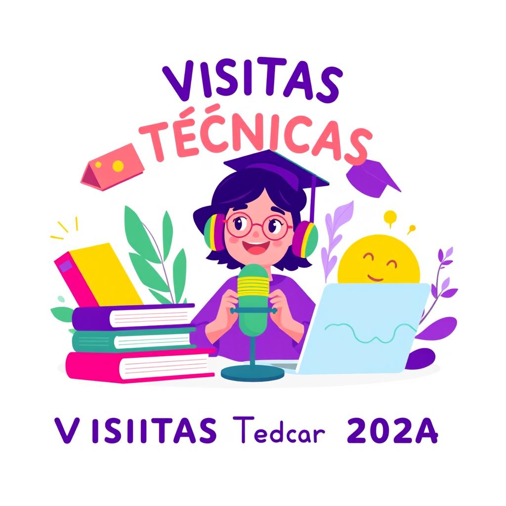 A vibrant and creative animated illustration designed to appeal to young audiences for a university podcast titled 'Visitas Técnicas 2024', showcasing their experiences