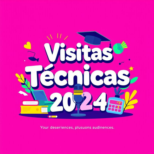 A vibrant and creative animated illustration designed to appeal to young audiences for a university podcast titled 'Visitas Técnicas 2024', showcasing their experiences