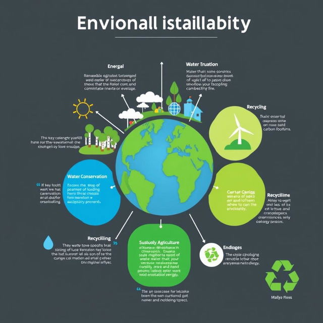 An engaging infographic about environmental sustainability, featuring key concepts like renewable energy, water conservation, recycling, sustainable agriculture, and reducing carbon footprints