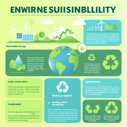 An engaging infographic about environmental sustainability, featuring key concepts like renewable energy, water conservation, recycling, sustainable agriculture, and reducing carbon footprints