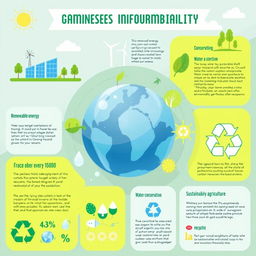 An engaging infographic about environmental sustainability, featuring key concepts like renewable energy, water conservation, recycling, sustainable agriculture, and reducing carbon footprints