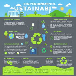 An engaging infographic about environmental sustainability, featuring key concepts like renewable energy, water conservation, recycling, sustainable agriculture, and reducing carbon footprints