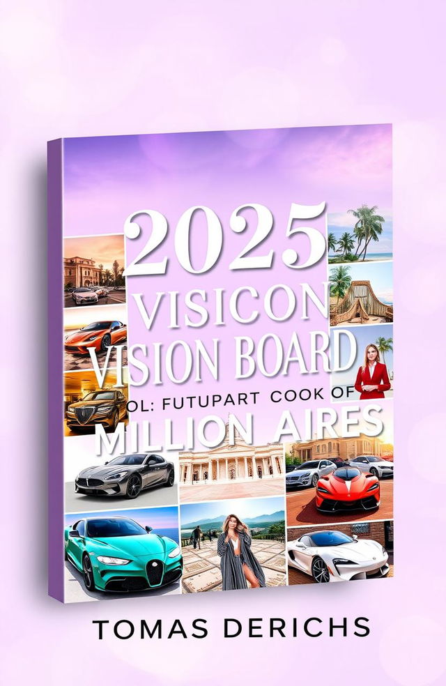 A book cover design for Amazon Kindle titled '2025 VISION BOARD CLIPART BOOK FOR FUTURE MILLIONAIRES' by author 'TOMAS DERICHS'